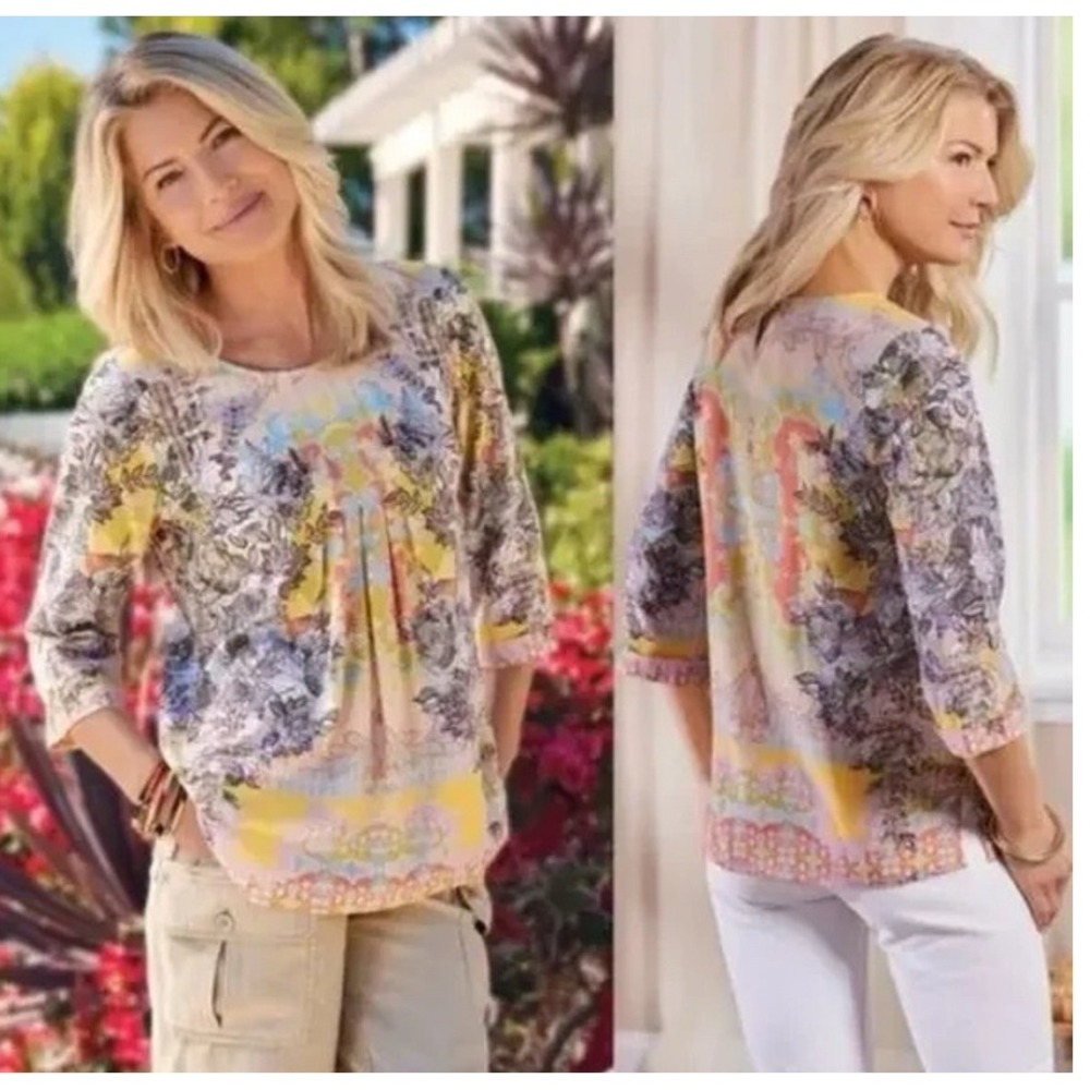 Soft Surroundings Westo Top Yellow Pleated Blouse 2EX21 Boho Artsy‎ - M